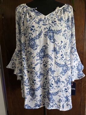 Chaps Blue Floral Peasant Blouse - Women's Top
